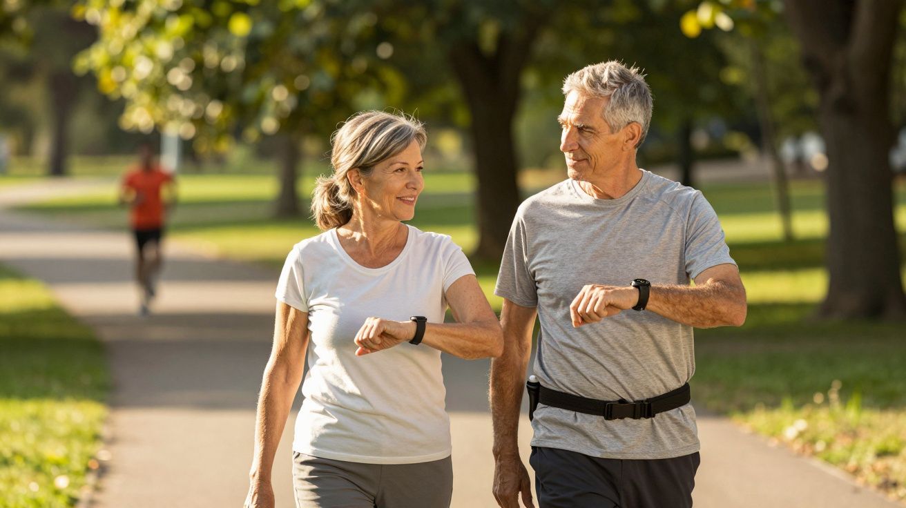Cuplu de vârstnici merge pe poteca din parc, zâmbind și purtând ceasuri de fitness. În fundal, un bărbat aleargă.