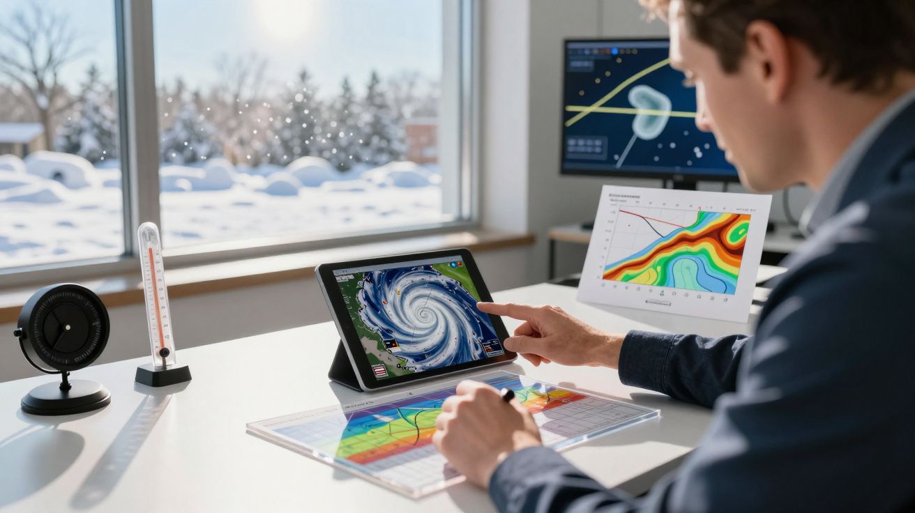 Bărbat analizează date meteorologice pe tabletă, în birou, cu zăpadă afară; ecrane cu diagrame și hărți meteo.