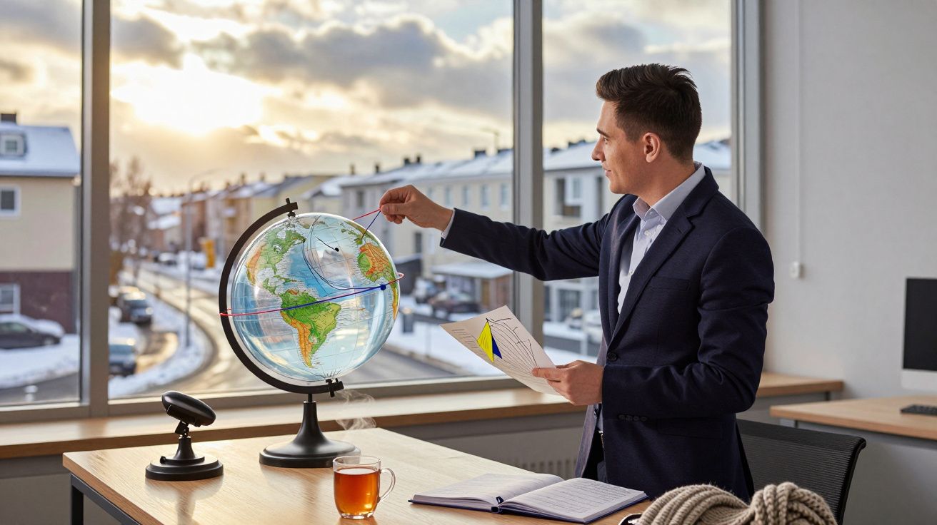 Bărbat în costum indicând pe un glob, cu o foaie de hârtie în mână într-un birou cu fereastră, vedere la oraș.