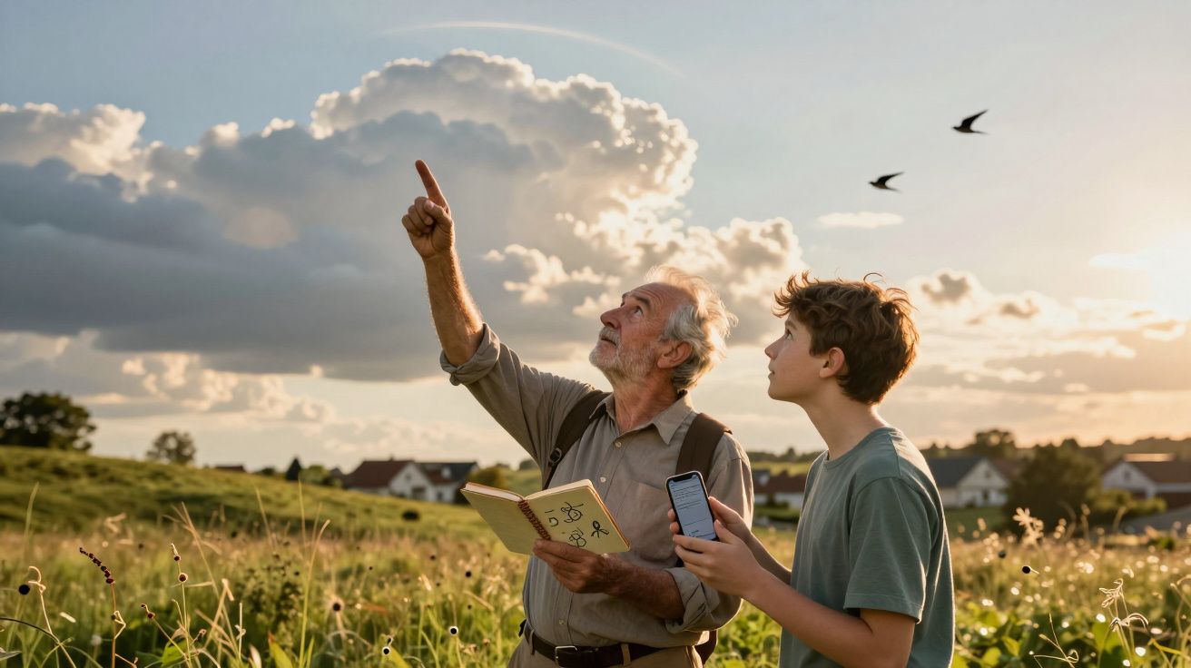 Bărbat senior și adolescent privesc cerul, discutând despre formele norilor. Fiecare ține o carte și un telefon.