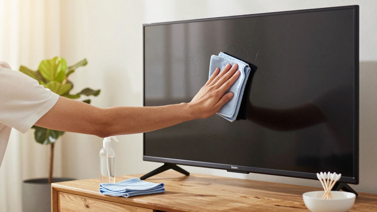 Mână ștergând un televizor cu o cârpă albastră, pe un suport de lemn, lângă o plantă și o sticlă cu soluție de curățat.
