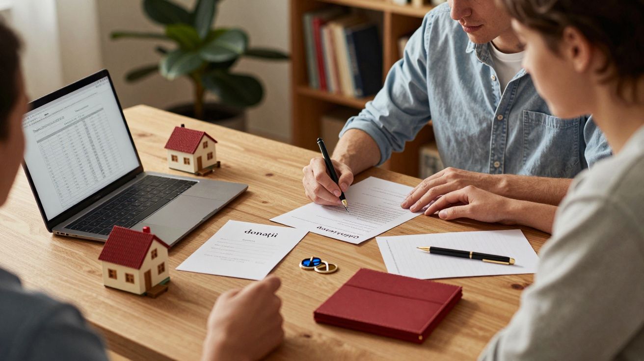 Persoane semnează documente la o masă, lângă un laptop și modele de case.