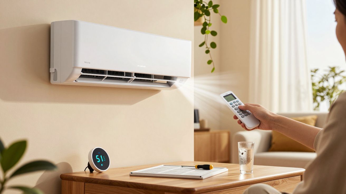 Persoană folosind o telecomandă pentru a seta aerul condiționat montat pe perete într-o cameră luminoasă.