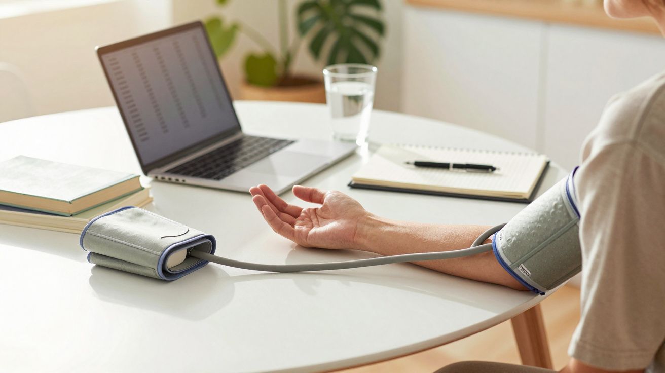 Persoană măsurându-și tensiunea arterială la o masă cu laptop, carte și caiet.