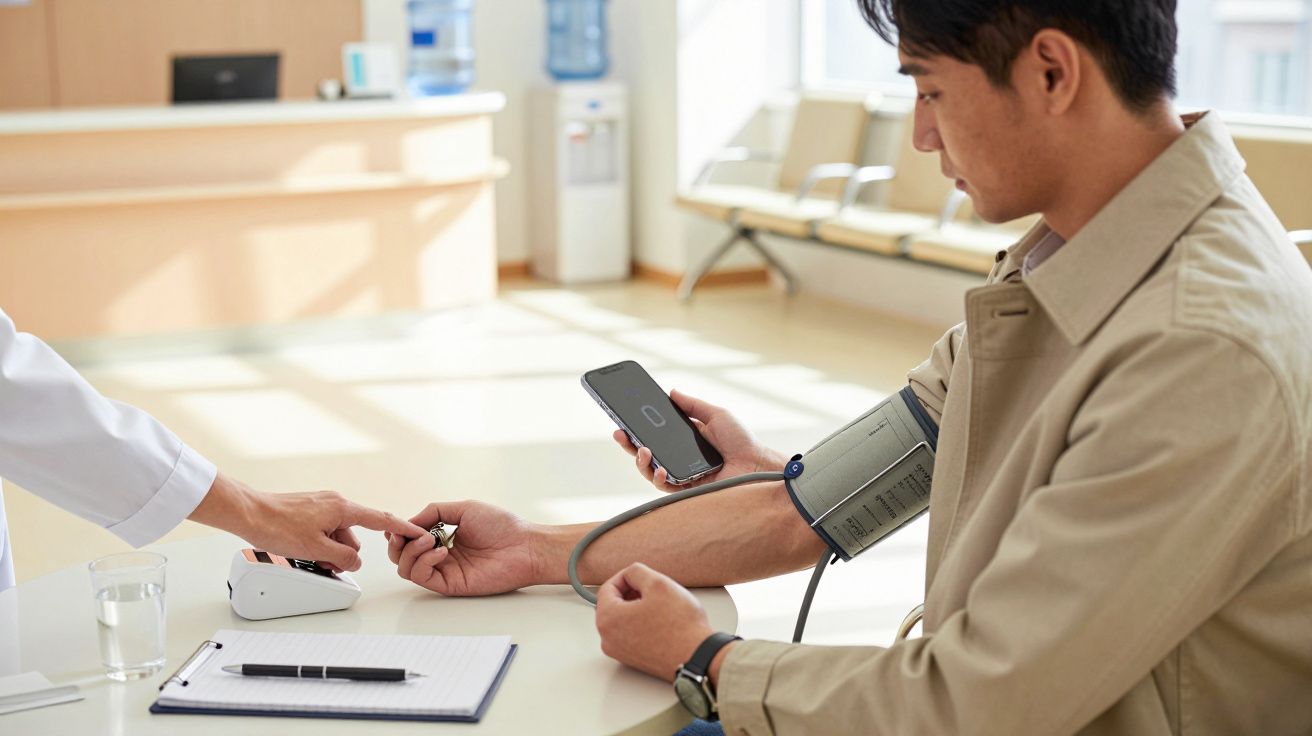 Bărbat măsurându-și tensiunea arterială într-un cabinet medical, folosind un telefon și un dispozitiv electronic.