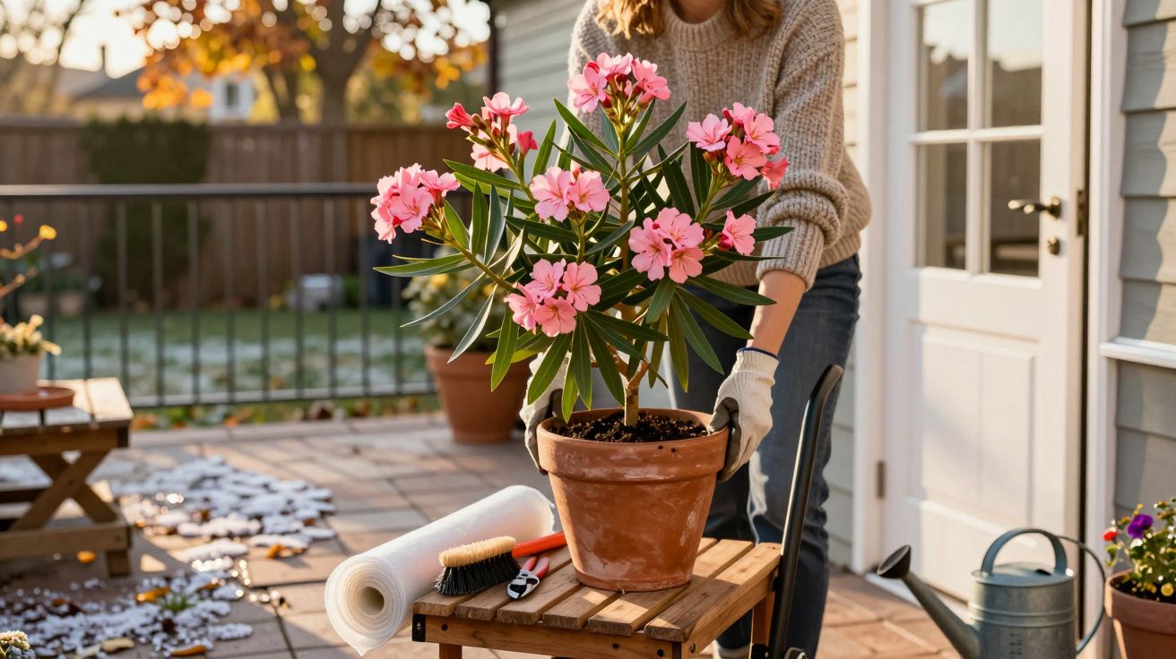 Femeie îngrijind o plantă cu flori roz pe o terasă, cu unelte de grădinărit și o stropitoare alături.