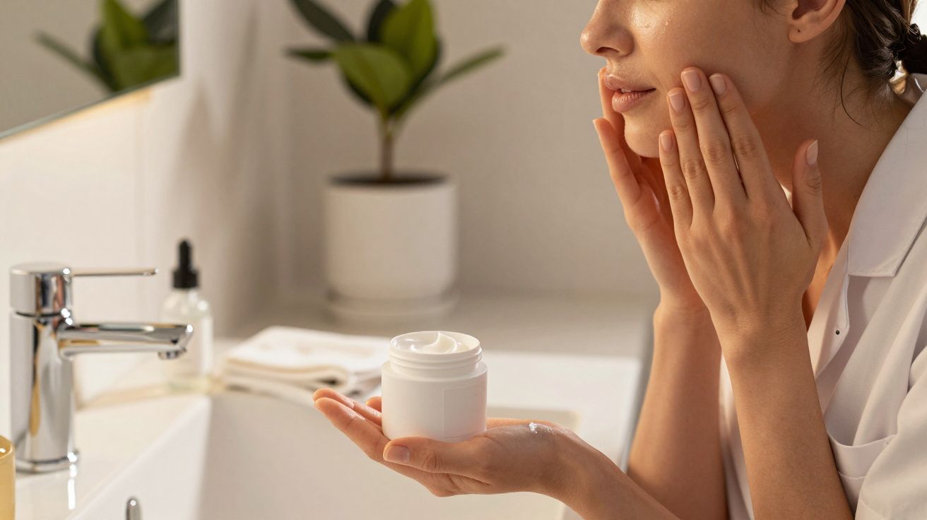 Persoană aplicând cremă pe față în fața unei oglinzi, în baie luminoasă, cu plantă pe fundal.