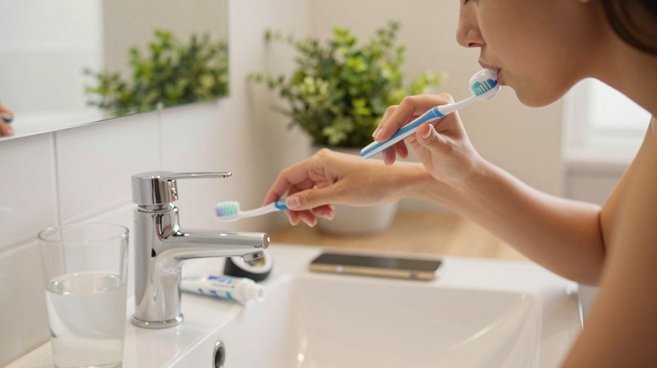 Femeie perie dinții în baie, ținând o periuță de dinți albastră; chiuvetă cu apă și pahar transparent alături.