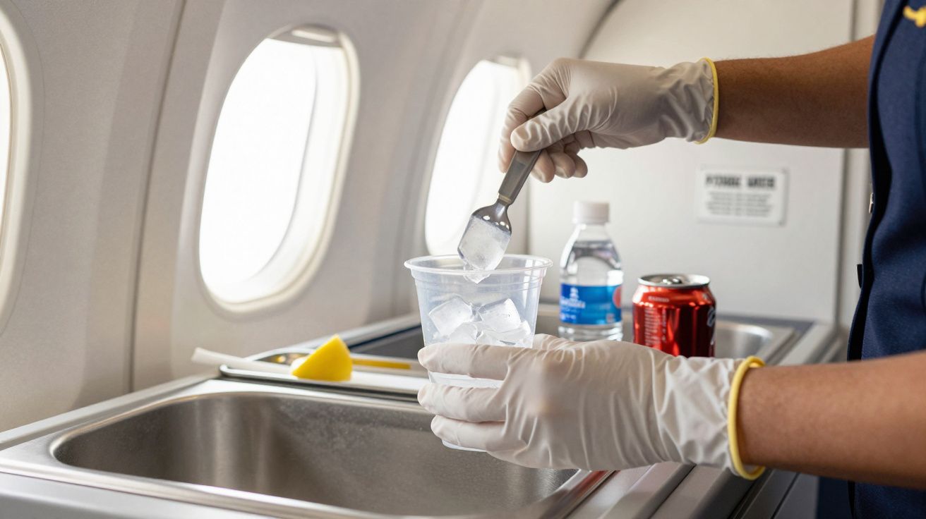Persoană pune gheață într-un pahar de plastic la bordul unui avion, purtând mănuși albe de unică folosință.