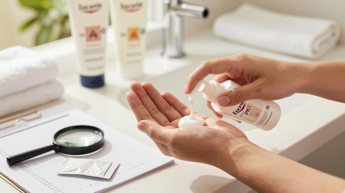 Mâini aplicând cremă dermatologică din sticlă Eucerin, pe o chiuvetă cu produse cosmetice și prosop.