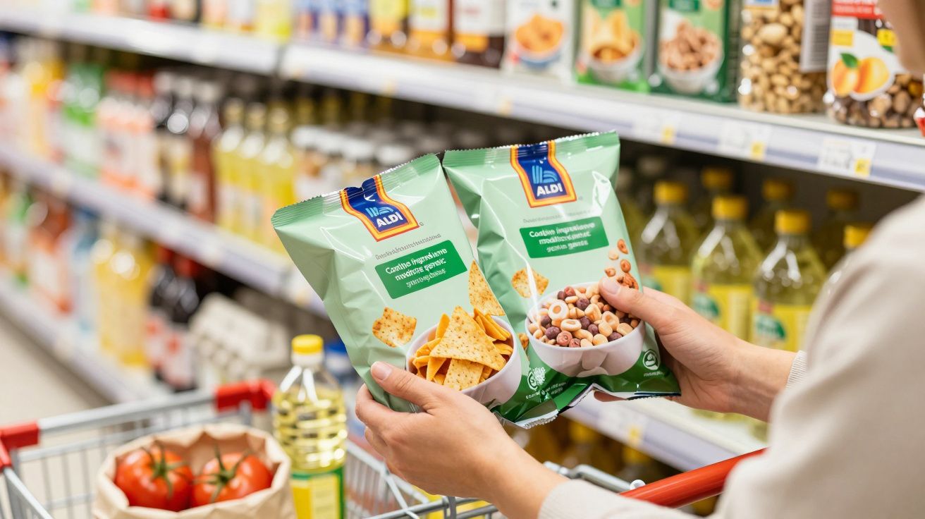 Persoană ținând pungi de snacksuri într-un supermarket, cu un cărucior de cumpărături plin cu roșii și alte produse.