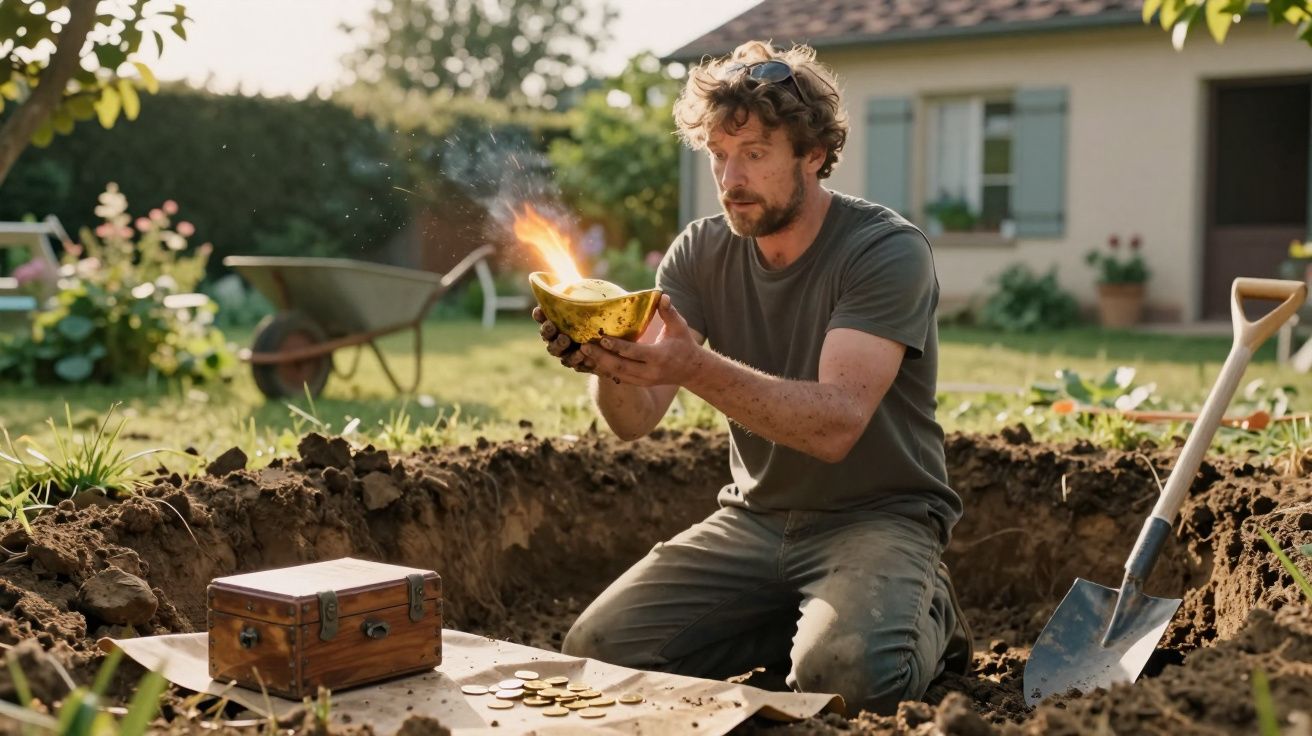 Bărbat îngenuncheat într-o groapă din grădină, ținând un bol galben cu foc; lângă el, o cutie de lemn și monede.
