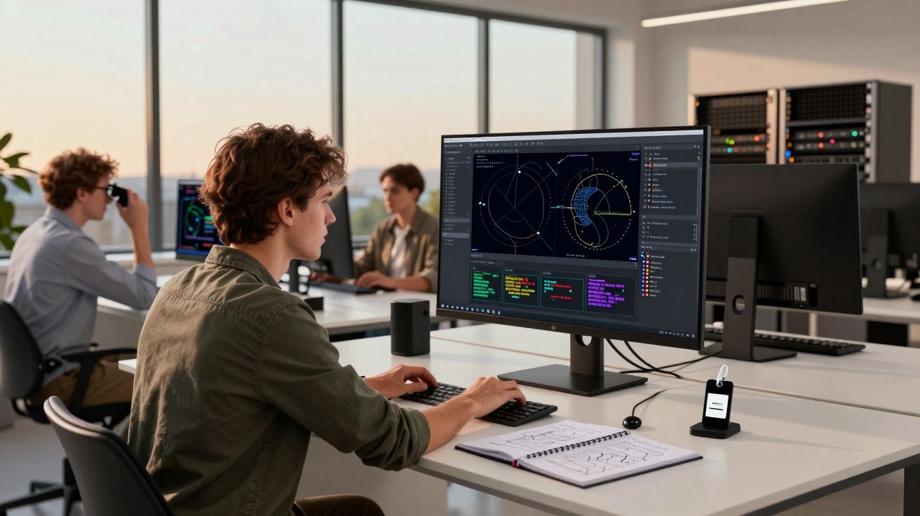 Persoană lucrând la calculator într-un birou modern, analizând date vizuale pe ecran. Două alte persoane în fundal.