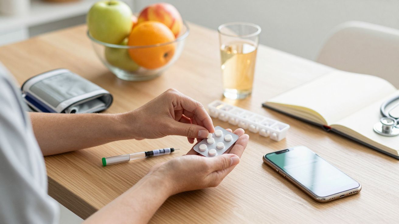 Persoană ținând blister cu pastile la o masă cu fructe, telefon, jurnal deschis, dispozitiv de tensiune și pahar de suc.