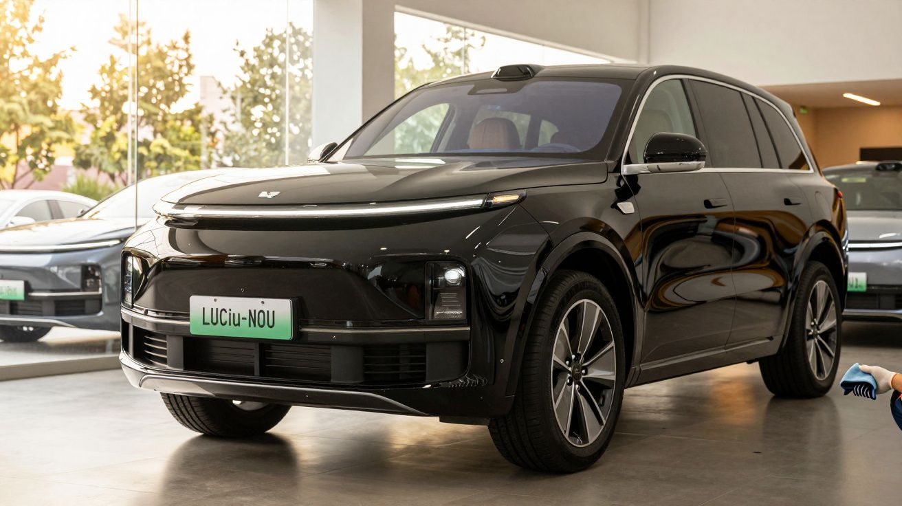 SUV electric negru, lucios, parcat într-un showroom auto modern, având un număr de înmatriculare cu textul „LUCIU-NOU”.