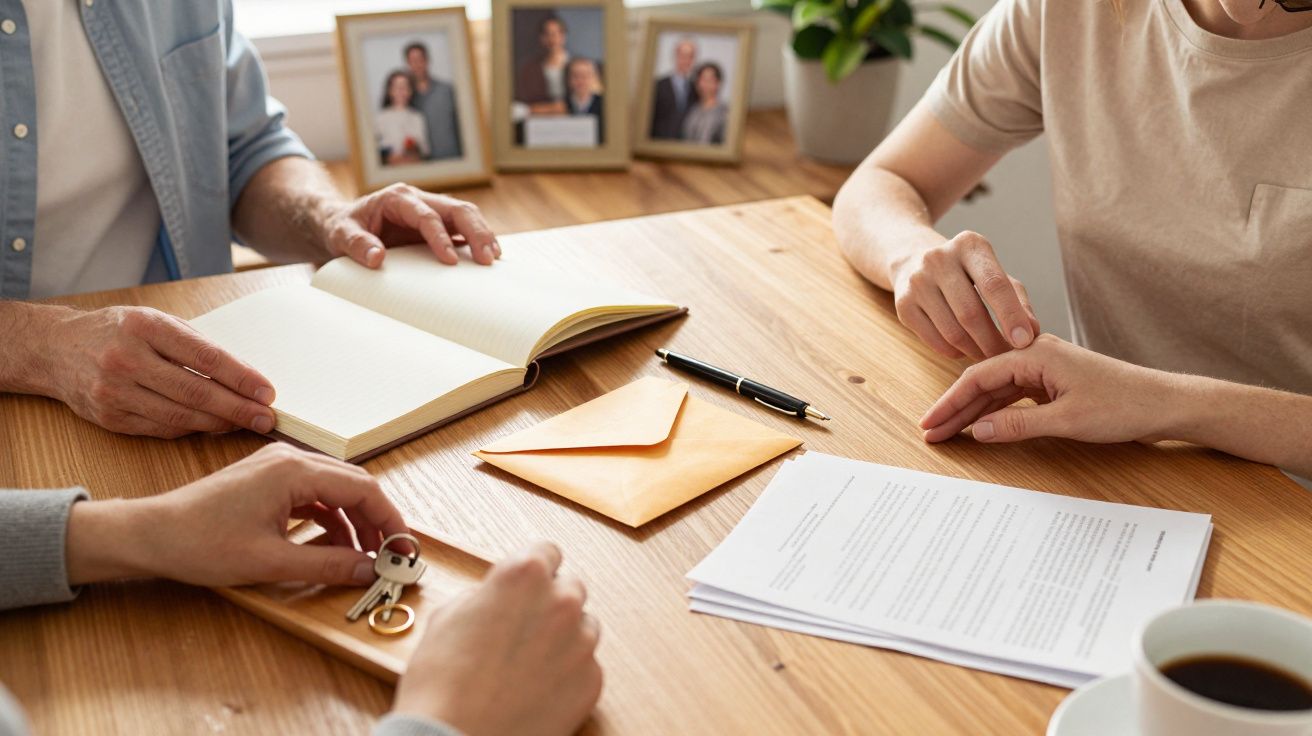 Trei persoane discută la o masă cu documente, o cheie și un plic galben. În fundal sunt fotografii în rame.