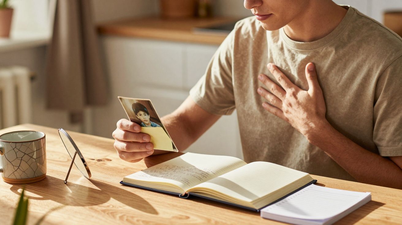 Persoană ținând fotografie copil pe masă din lemn, cu o mână pe piept și o ceașcă alături.