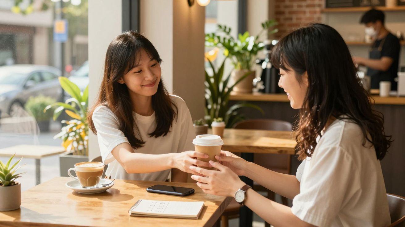 Două femei stau la o masă în cafenea, zâmbind și ținând cești de cafea.