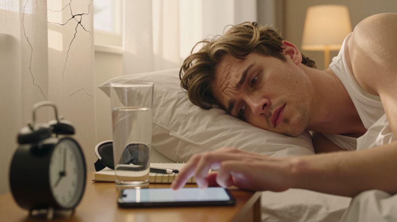 Bărbat stă în pat, privește un telefon; pe noptieră sunt un pahar cu apă și un ceas deșteptător.