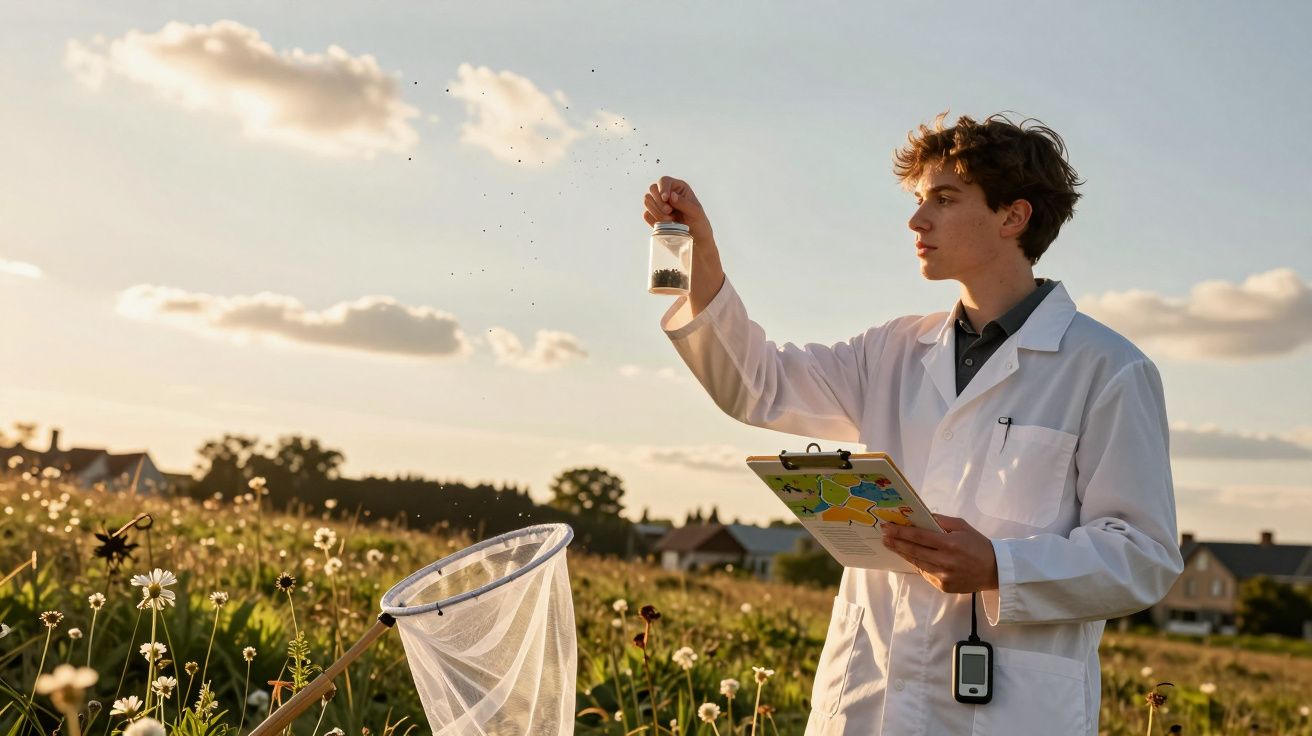 Tânăr cercetător în halat alb colectează insecte cu un filtru și clipboard într-un câmp înverzit.