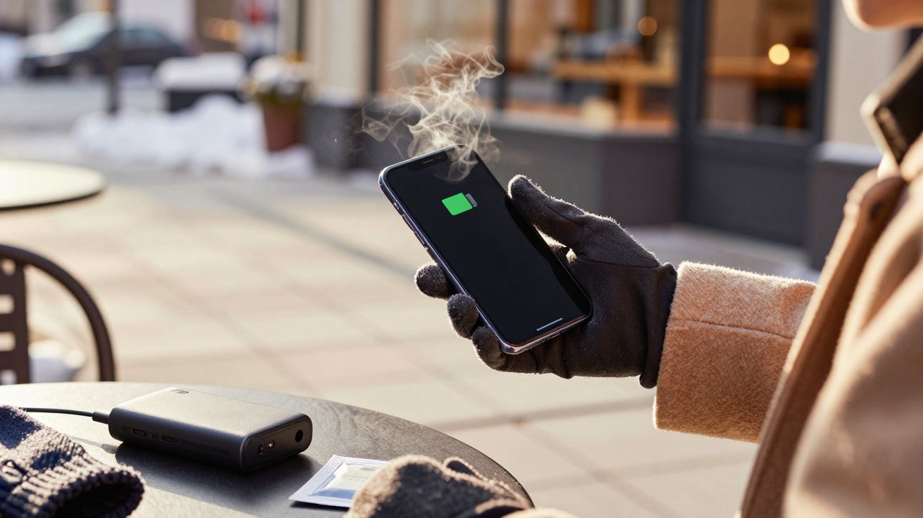 Persoană ținând un telefon care se încarcă, cu aburi în aer rece, lângă o masă cu dispozitiv de alimentare.