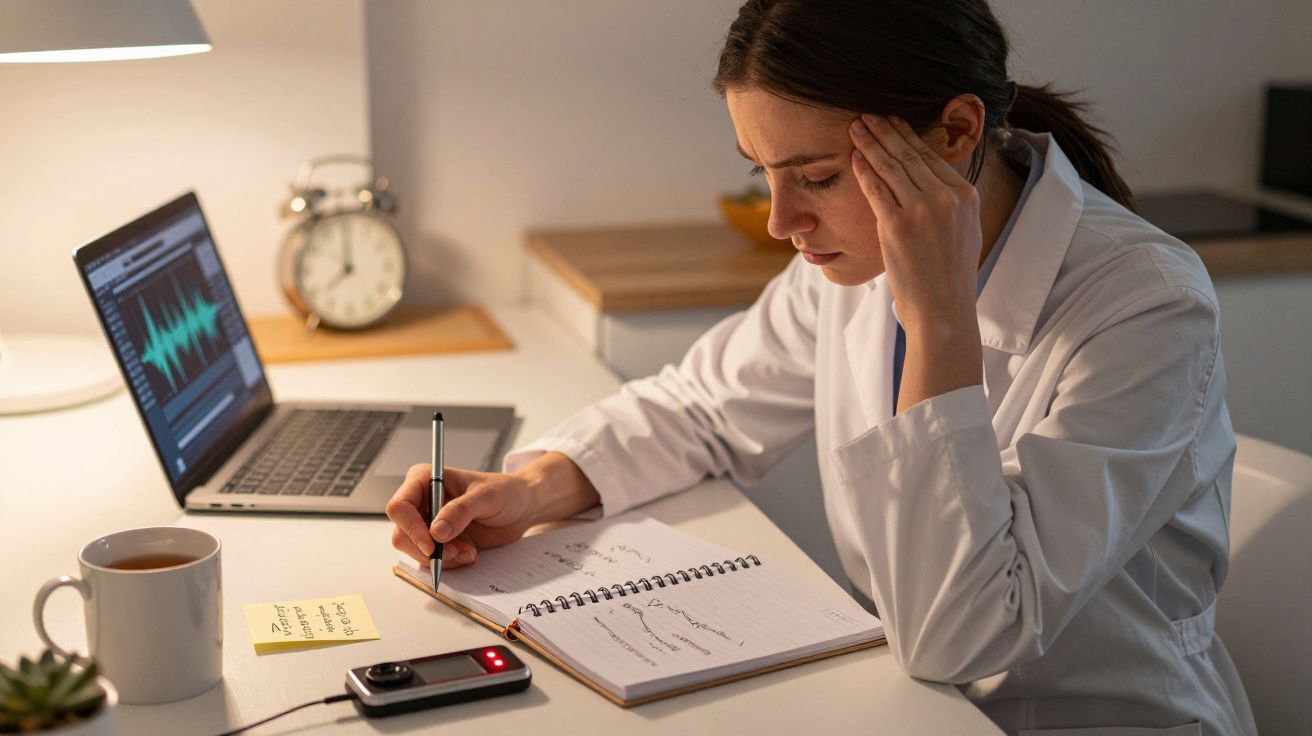 Femeie în halat alb, scriind într-un caiet la birou, cu laptop și ceașcă de cafea alături.