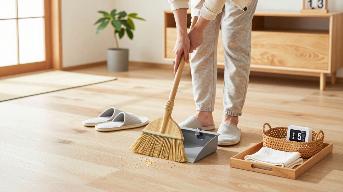 Persoană mătura podeaua de lemn, lângă un plantă și un raft. Papuci și un suport cu prosoape sunt pe jos.