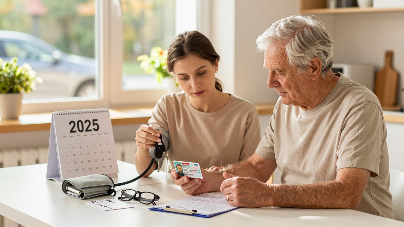 Femeie tânără măsoară tensiunea arterială a unui bărbat în vârstă la o masă cu calendar, ochelari și o carte de identitate.