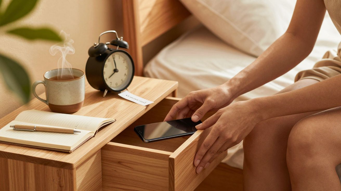 Persoană luând un telefon din sertarul noptierii, lângă o ceașcă de cafea fierbinte și un ceas deșteptător clasic.
