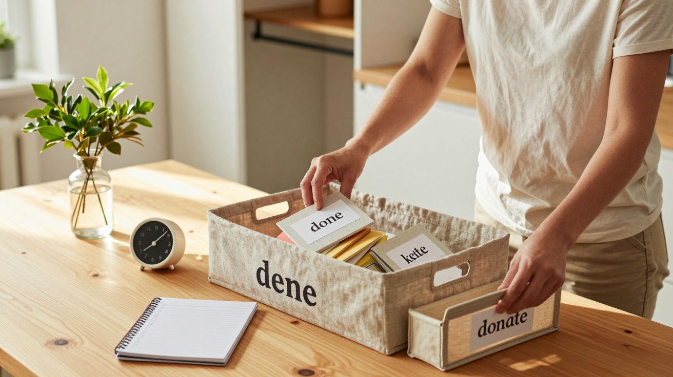 Persoană organizând cutii pentru donații pe o masă din lemn, lângă un ceas și un caiet.