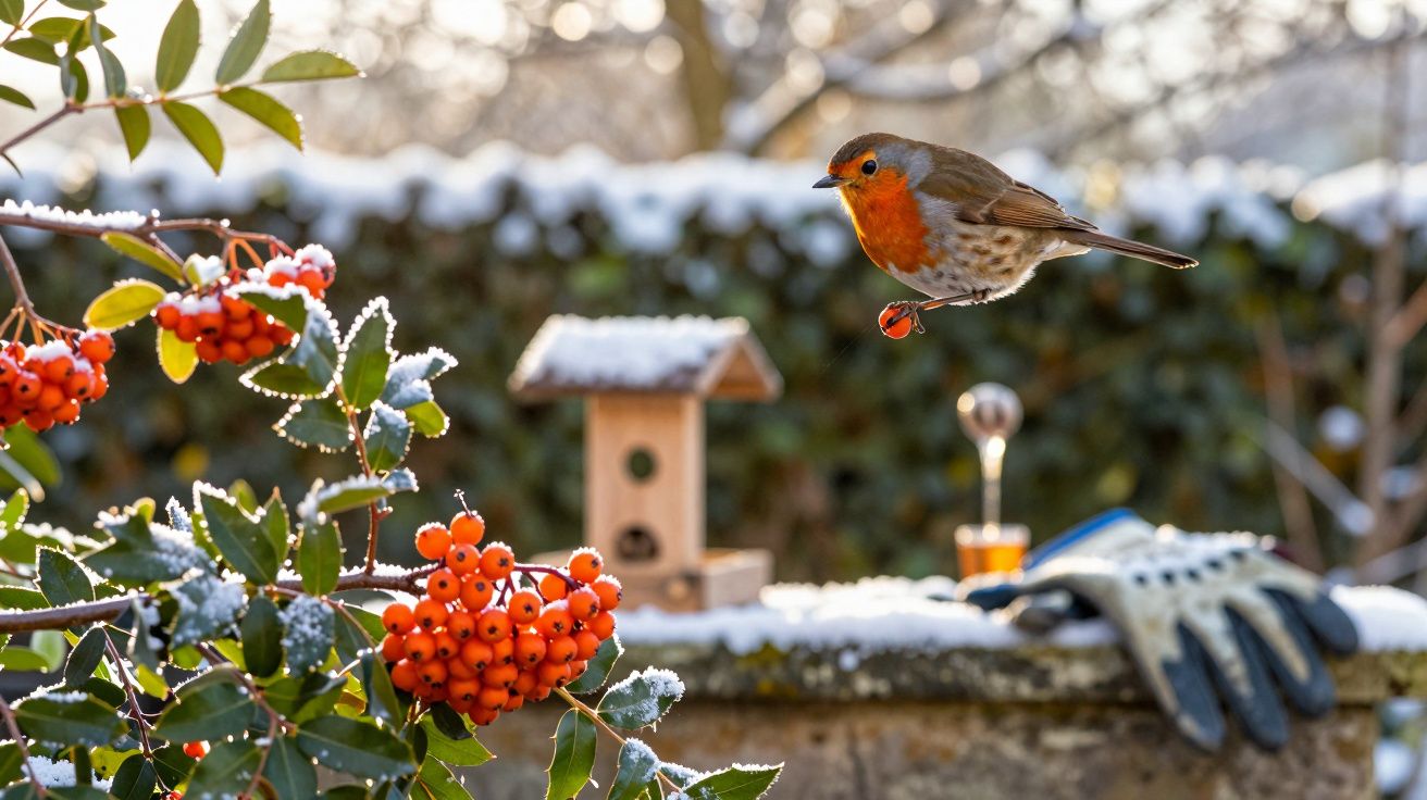 Pasăre roșcată zburând lângă fructe de pădure, cu casă pentru păsări, mănuși și zăpadă în fundal.