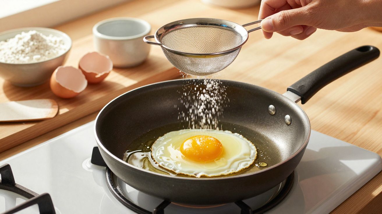 Ou prăjit într-o tigaie neagră pe aragaz, cu mâna care presară sare printr-o strecurătoare mică.