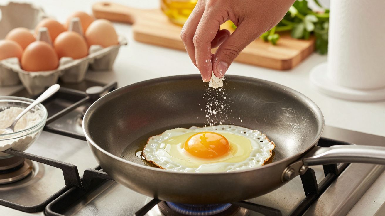 Mână presărând sare peste un ou prăjit într-o tigaie pe aragaz, cu ouă și făină pe fundal.