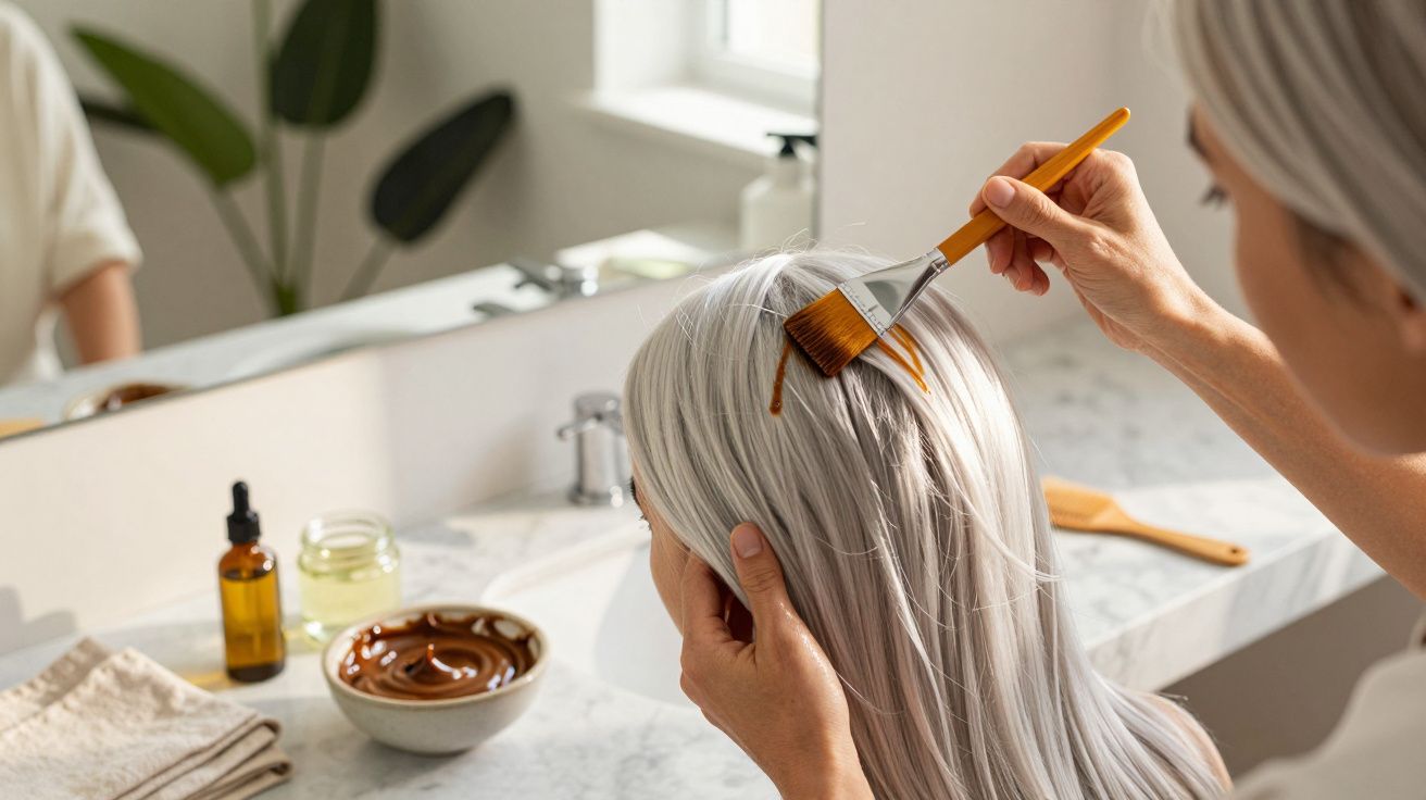 Aplicare vopsea de păr pe părul unei femei cu pensulă, lângă oglindă, în baie luminosă.