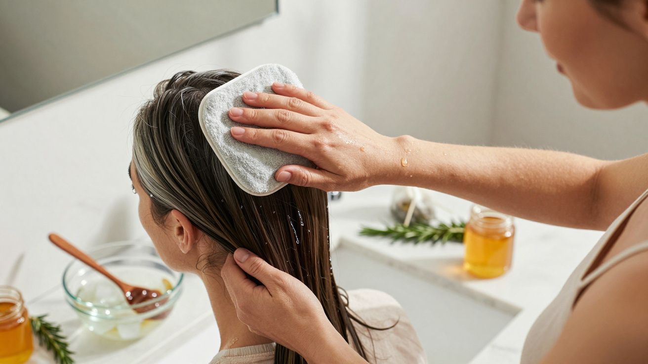 Persoană aplicând tratament părului cu un prosop umed; miere și plante aromatice pe blat.