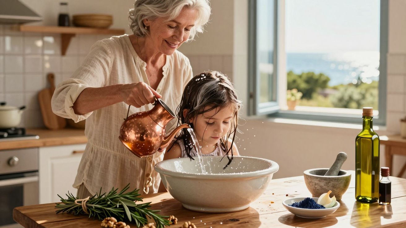 Bunică și nepoată se bucură de gătit împreună într-o bucătărie luminoasă, având un peisaj natural în fundal.