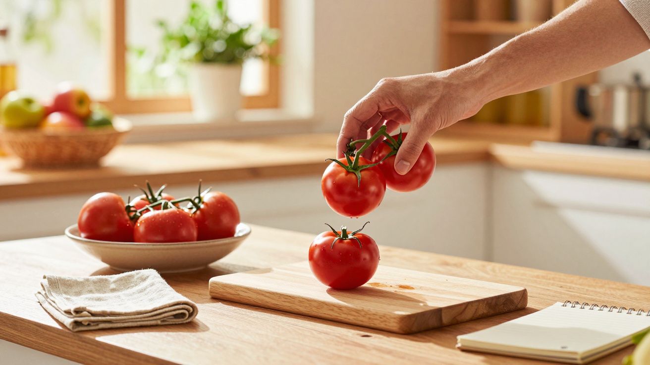 Mână așezând roșii pe un tocător din lemn într-o bucătărie luminoasă, cu fructe pe fundal.