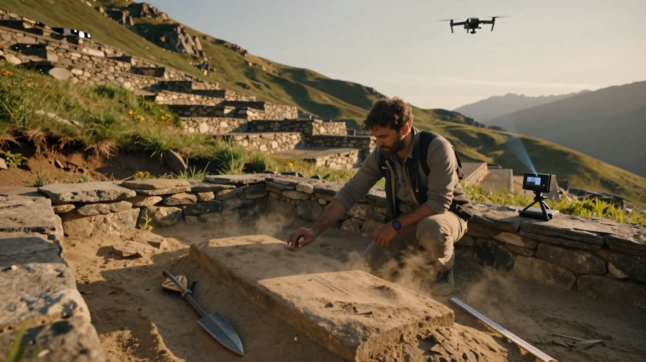 Arheolog lucrând la un sit peisaj montan, cu dronă și echipament în jur.