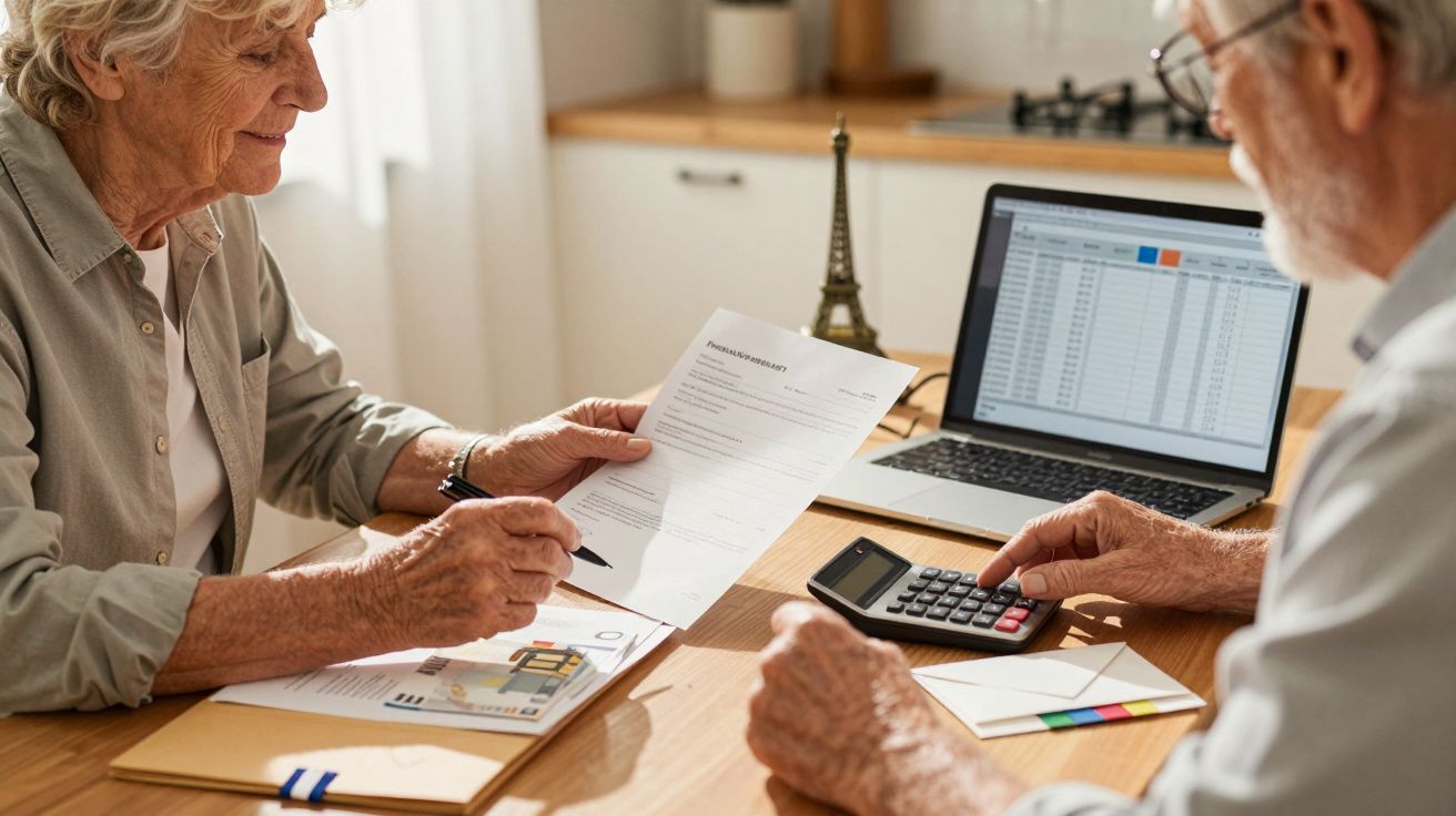 Doi seniori discută documente financiare cu un laptop și un calculator pe masă.
