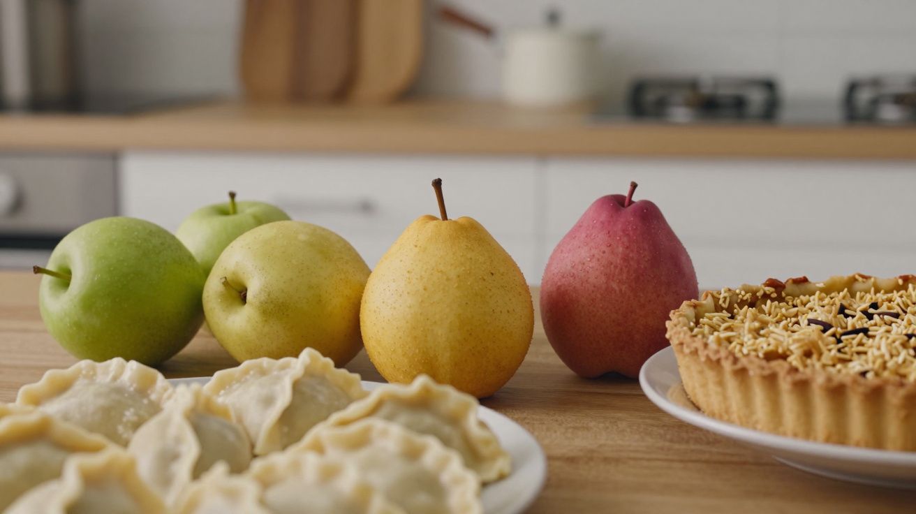 Mere, pere și o tartă delicioasă pe o masă din bucătărie alături de pastă fierte în prim-plan.