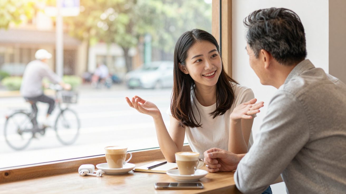 Două persoane discută relaxat la o cafenea, lângă o fereastră, privind spre stradă. Două cești de cafea pe masă.