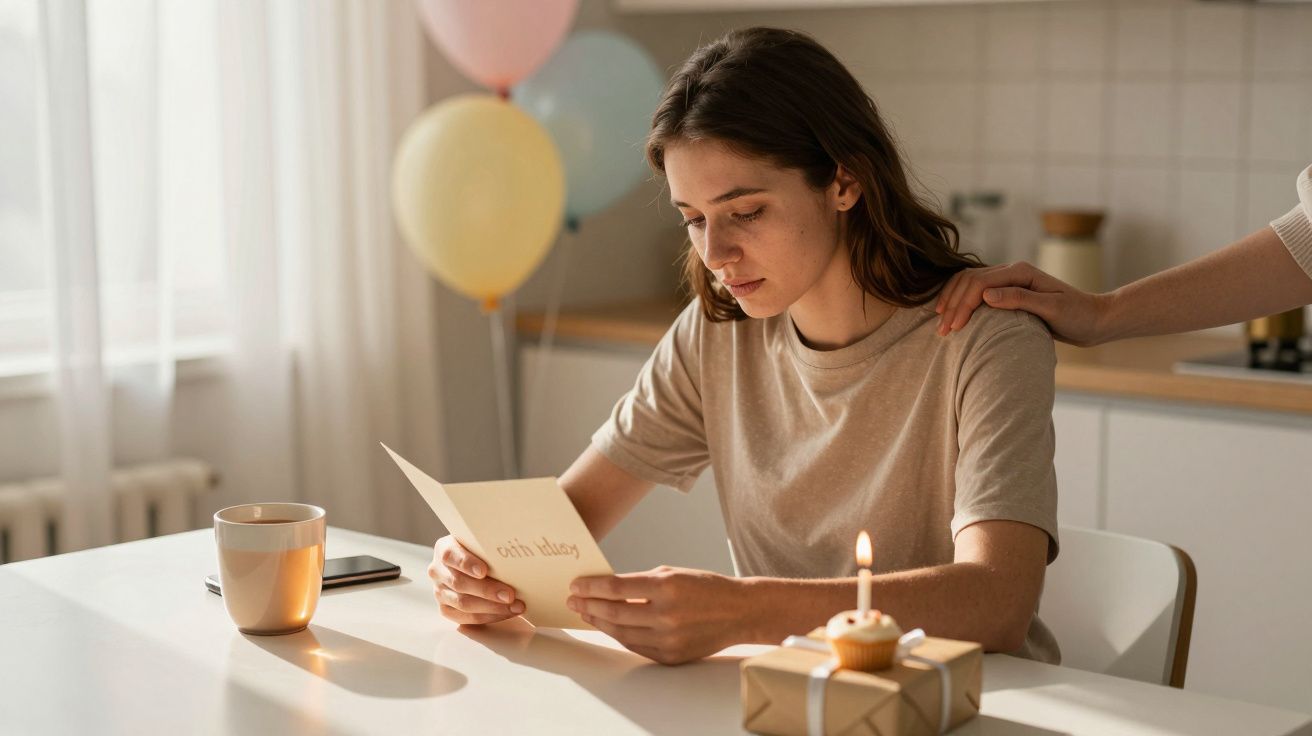 Fată citind o felicitare de ziua ei, lângă o prăjitură mică cu lumânare și cadou pe masă, în bucătărie.