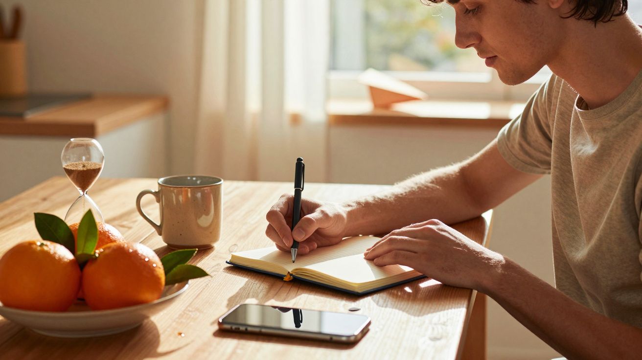 Persoană scriind într-un carnețel la masa de lemn, cu smartphone, cești, clepsidră și portocale pe masă.