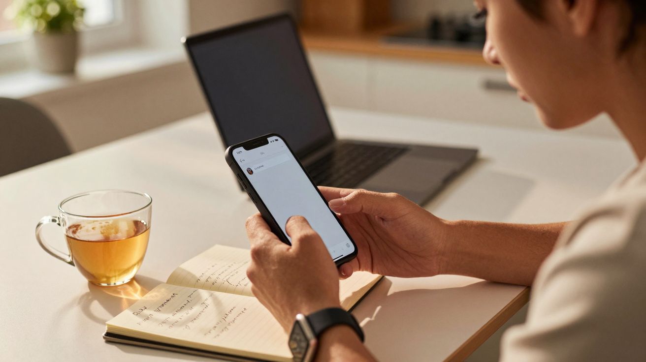 Persoană ținând un telefon, cu un laptop și un carnet pe masă, lângă o cană cu ceai.