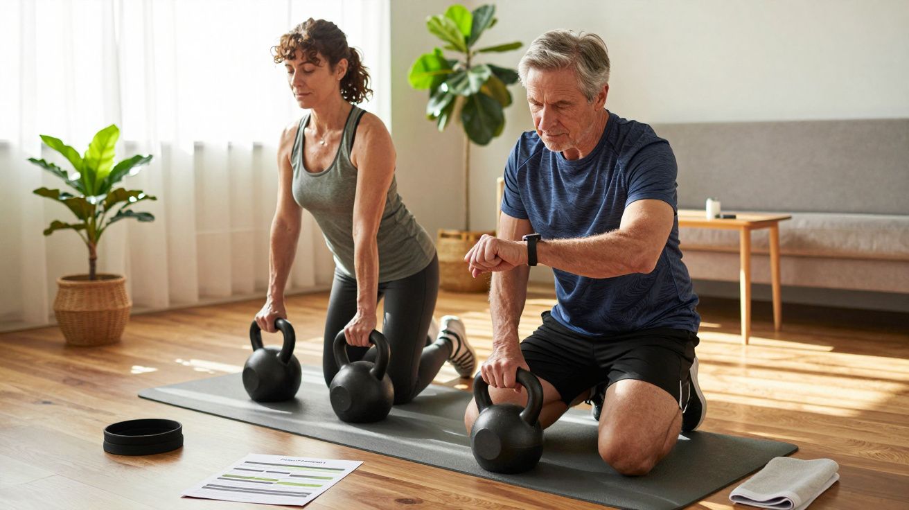 Două persoane făcând exerciții cu kettlebell pe o saltea în living, cu plante și mobilier modern în fundal.