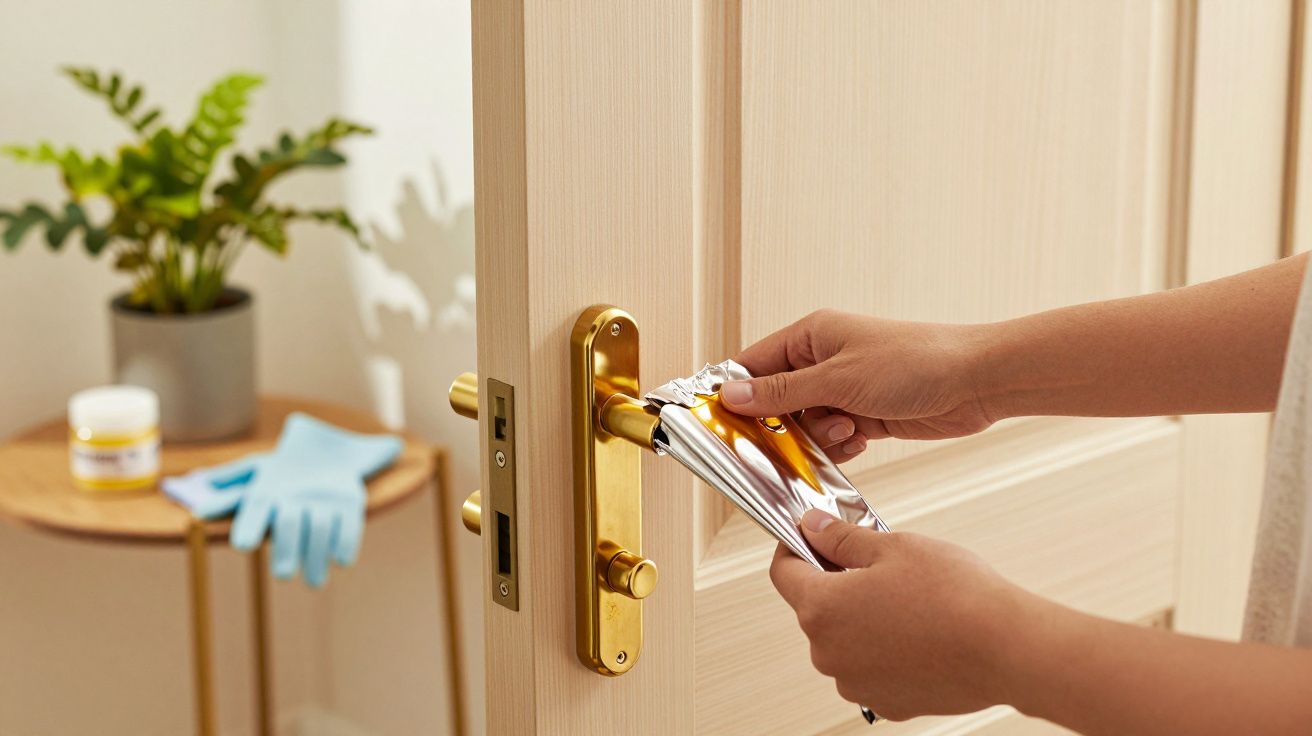 Persoană curăță o clanță aurie de ușă din lemn deschis la culoare, cu un șervețel, lângă o plantă și mănuși pe masă.