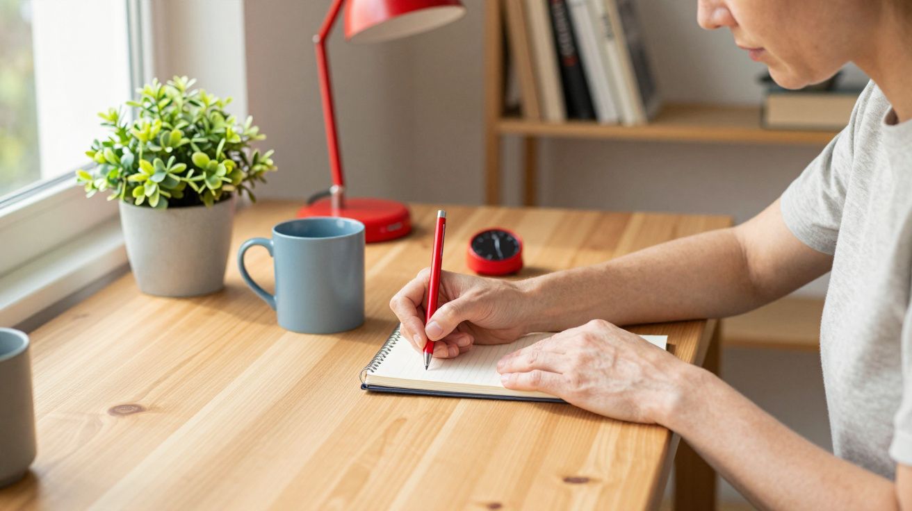 Persoană scriind într-un carnet pe un birou din lemn, alături de o cană, o plantă, un ceas și o lampă roșie.