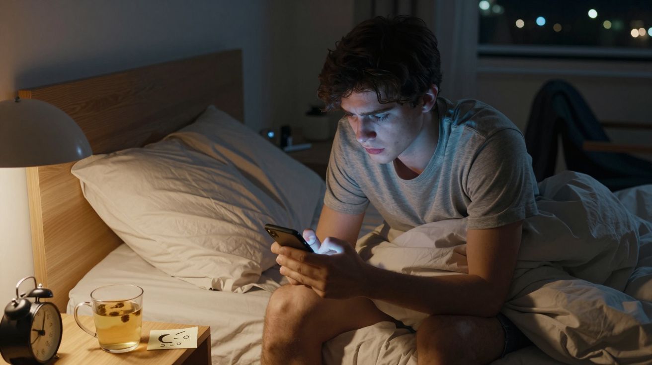Tânăr stând în pat, folosind telefonul mobil, luminat de ecran, cu o ceașcă de ceai și ceas deșteptător pe noptieră.