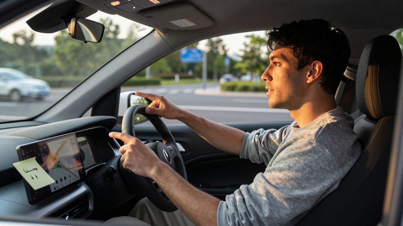 Bărbat tânăr la volanul unei mașini, navigând folosind un GPS, pe o stradă cu verdeață în fundal.