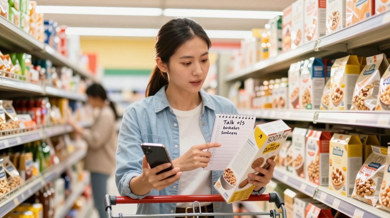 Femeie în magazin, ținând telefonul și o cutie de cereale, examinând etichetele produselor de pe rafturi.